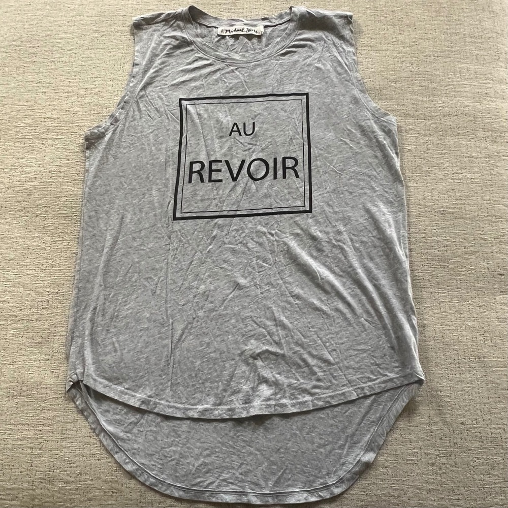 Michael‎ Stars Au Revoir Graphic Muscle Tank Top Gray OS Sleeveless High Low Hem